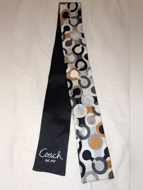 Coach Slim Silk Scarf Tie in Black, Gray, Gold and White Circle Print Y2K EUC